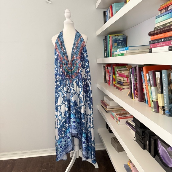 VENUS Blue and White Backless Halter Sundress Large - Picture 7 of 12